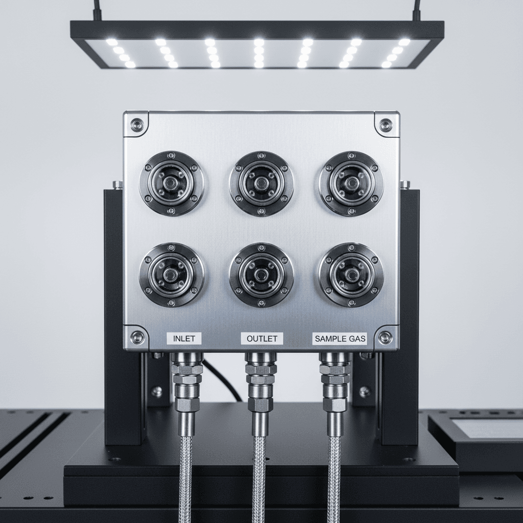 Close-up of industrial emission control system with metallic pipes and sensors in modern manufacturing facility