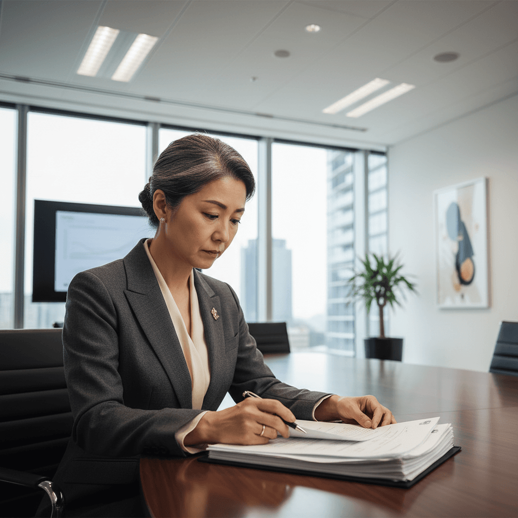 Professional Indian woman in formal business attire reviewing compliance documents at executive desk