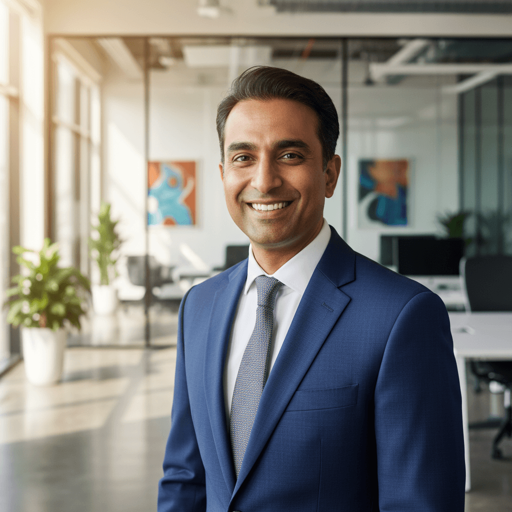 Professional Indian businessman in navy blue suit with grey hair standing confidently in modern office